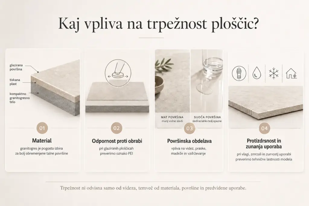 Infografika o dejavnikih trpežnosti keramičnih ploščic: material, obraba, površinska obdelava in protizdrsnost.