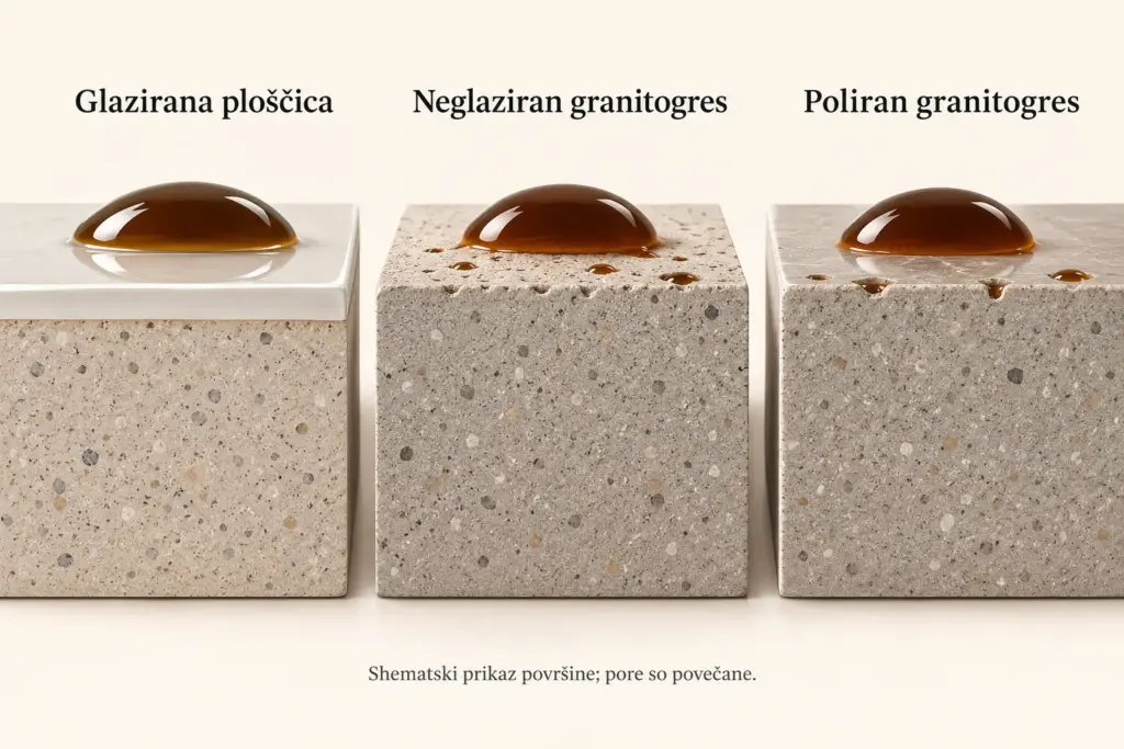Shematska primerjava glazirane ploščice ter neglaziranega in poliranega granitogresa s povečanimi površinskimi porami.