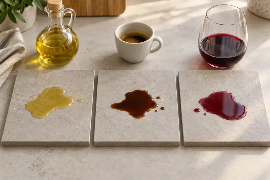 Olje, kava in rdeče vino na treh svetlih ploščicah v kuhinji.